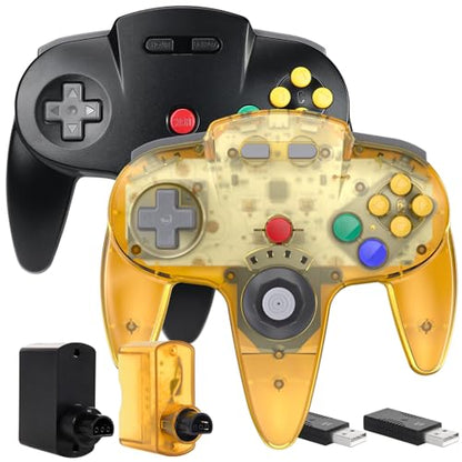 2 Pack Wireless N64 Controller for Switch 1/2, N64 Console, Yellow/Black | (Built-in Vibration) (Rechargeable) (3D Analog Stick), 2.4 GHz USB & N64 Receiver Made for Switch Online, Windows PC, macOS - color: Transparent Yellow/Black