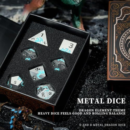 Matte Silver Blue Dragon Metal Dice Set,7 PCS Heavy Zinc Alloy DND Dice with Magnetic Gift Box for Dungeons & Dragons Tabletop Games (Matte Silver Blue Dragon) - color: Matte Silver Blue02