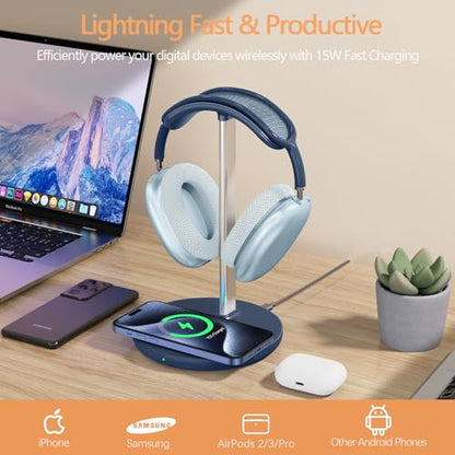 Headphone Stand with Wireless Charger, Gaming Headset Holder Hanger Rack 2 in 1 Wireless Charging Station Dock for iPhone 15/14/13/12/11 Series, Samsung, AirPods Pro/3/2, Aluminum Alloy Rod, Navy Blue - color: Navy Blue