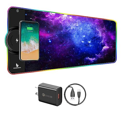 Gaming Mouse Pad,Wireless Mouse Pad Charging,15W Fast Charging | Extened Large Size,10 Lighting Modes for Office Mobile Phone Devices,Home & Office,31.5"X11.8"(Blue Galaxy) - color: Blue Galaxy