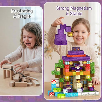 Magic Forest Magnetic Blocks Set for Creative Construction | 300 Pcs Building Toys with 48 Patterns - 0.8" Pixel Sensory Cubes- Birthday Gift for Kids 3-8 - style: Magic Wizard 300
