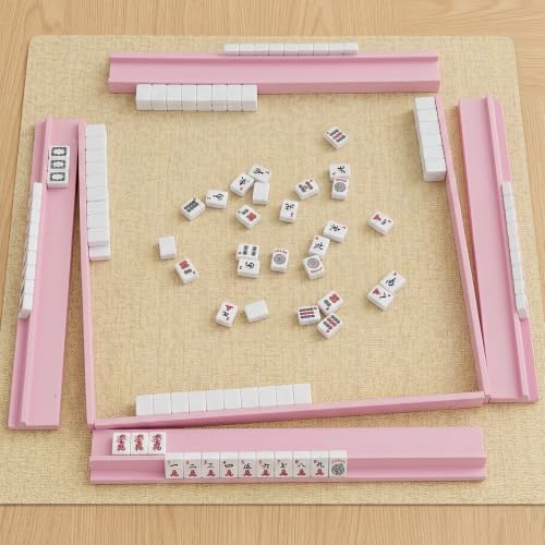 Pink Wooden Mahjong Racks with Pushers 19.68 Inch, Solid Beechwood American Mahjong Tile Holders Set of 4, Strong Magnetic Pushers, Durable Wooden Mahjong Accessories with Storage Bag