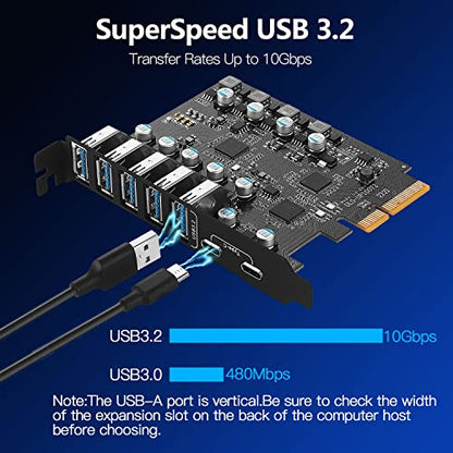 10Gbps PCIe USB 3.2/3.1 Gen 2 Expansion Card 7-Ports (2X USB C and 5X Type-A) PCI Express Card Type C PCI-e USB3 Hub Controller Adapter 4 Independent Power Module