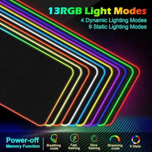 RGB Gaming Mouse Pad with Wireless Charging 15W, XXL Extra Large LED Mousepad 800x300x4mm, 13 Light Modes Mouse Mat Non-Slip Rubber Base, Waterproof Computer Pad for Home Office Gaming Desk Decor
