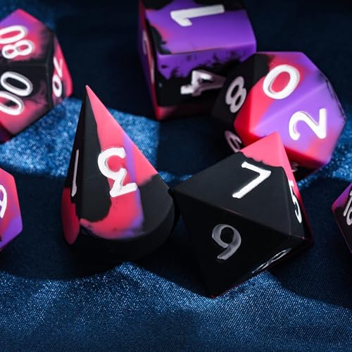7-Piece Jumbo Silicone DND Dice Set, 25mm Oversized D&D Dice | Round Edges Soft Perfect Bouncer Compatible with Dungeons and Dragons RPG Bar Pub Club Party Games - color: Purple&black&red