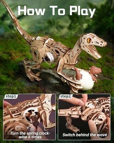 ROBOTIME Dinosaur 3D Wooden Puzzles, Velociraptor Model Kits can Walk, Mechanical Dinosaur STEM Toys, 3-D Puzzles Building Kit Gifts