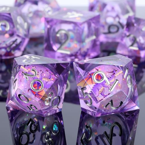 DNDND Purple Dragon Dice with Silver Numbers | Liquid Core 7-Piece Sharp Edge D&D Dice Set | Dragon Themed Collectible Metal Case | RPG Tabletop Gaming Gift - color: Liquid Dragon Purple