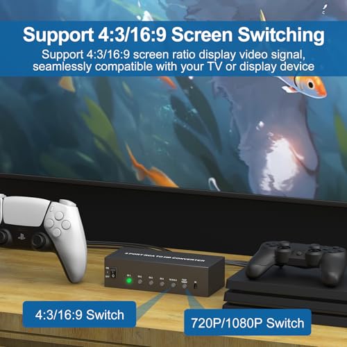 Multiple RCA to HDMI Converter - 4 Port Red White Yellow Composite Component to HDMI Converter for N64/Smart TV/AUX/PS2/PS3/VHS/VCR/DVD Players, Support 4:3/16:9 1080P/720P RCA AV to hdmi Switch
