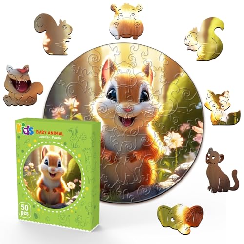 Wooden Puzzles for Kids Ages 4-8, Cute Squirrel Puzzle, Unique Animal Shaped Wooden Jigsaw Puzzles for Kid, 50 Pieces Puzzles for Kids(50pcs,11.4 * 11.4in) - color: Cute Squirrel