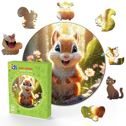 Wooden Puzzles for Kids Ages 4-8, Cute Squirrel Puzzle, Unique Animal Shaped Wooden Jigsaw Puzzles for Kid, 50 Pieces Puzzles for Kids(50pcs,11.4 * 11.4in) - color: Cute Squirrel
