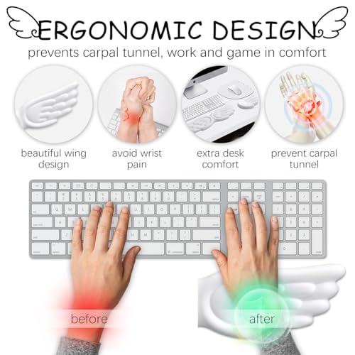 JIKIOU Angel Wing Wrist Rest Ergonomic Memory Foam Wrist Rest for Keyboard | Cute Savior of Wrist Pain, PU Leather Surface, Anti-Slip Base, Waterproof, Compatible with Most Keyboards & Mice, White