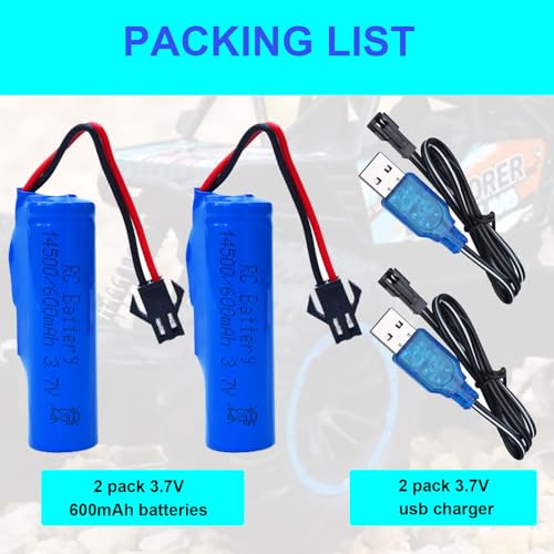 3.7V 600mAh Rechargeable Battery SM-2P Plug with USB Charge Cable Compatible with Various Remote Control Cars,RC Trucks, Stunts,RC Boat.Tumbling Amphibious RC Car, DE40 DE50 DE55(2 Pack)