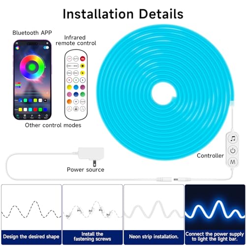 KANTUTOE LED Neon Rope Lights, 13.1ft RGB LED Light Strip, 24V Music Sync App/Remote Control DIY Rope Light, IP67 Waterproof Gaming Neon Strip Lights for Bedroom Indoor Oudoor Décor - size: 13.1ft