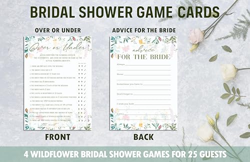 Wildflower Bridal Shower Games Set, 4 Games Includes Over Or Under, Advice for The Bride, Wedding Shoe Game, Find The Guest Bingo, 50 Double-Sided Cards, Wedding Party Supplies -03 - style: 4 Games Set-03