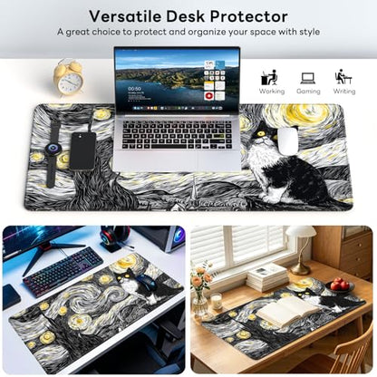 Large Gaming Mouse Pad, XL Desk Protector, Non-Slip Base | 31.5x15.7 in Extended Desk Mat with Stitched Edges for Keyboard, Work, Game, Office, Home PC and Laptop - color: Starry Kitty
