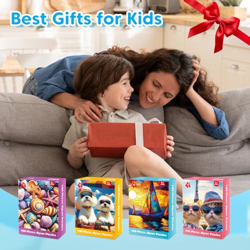 4 Packs 100 Piece Puzzle - Shells Sailboat Cats Dogs Jigsaw Puzzles, 100 Piece Puzzles for Adults Seniors Kids Puzzles for Kids Ages 4-6 6-8 8-10 Educational Puzzle Toys 15"x11" - style: Shells Sailboat Cats & Dogs