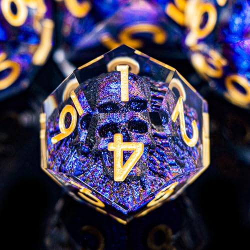 DND Skull Dice Set 7PCS Necromancer Polyhedral Dice for Dungeons Dragons RPG Role Playing Game, Resin Sharp Edged D and D Dice with Gift Box D6 D8 D10 D12 D20 (Blue-Violet) - color: Blue Purple&gold