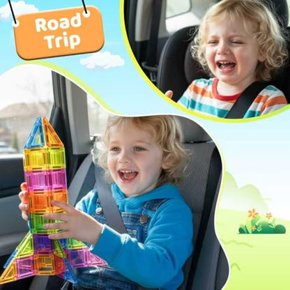 Mini Magnetic Tiles,78PCS Travel Magnetic Tiles Set with Iron Box,Portable Building Blocks for Kids Ages 3+,Car Airplane Travel Essentials Kids Toy,Creative STEM Toys Birthday Gift for Boys & Girls - style: Mini Magnetic Tiles