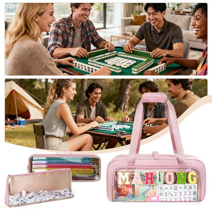 Yarwo 3 PCS Mahjong Bag Empty, Clear American Mahjong Tiles & Rack Bags Set | Zippered Game Storage with Mahjong Mat Strap and Sewn Chenille Letter for Mahjong Tiles, Racks & Pushers, Case Only, Pink - color: Pink
