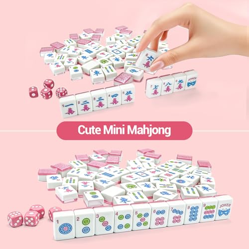 American Mahjong Tile Set, 166 Tiles (1.2”), Cute Mini Tiles-Starlight Pink | Mahjong Tile Set with Carrying Bag, Dice, Mat, Portable Travel Complete Game Set for Home Outdoor Enthusiast Gift - color: Starlight Pink