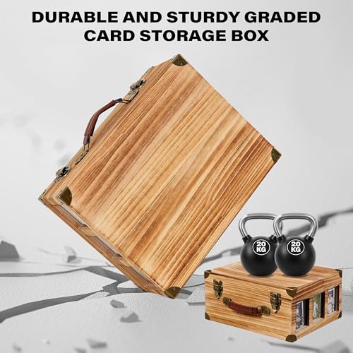 Poyilooo Classic Brown Wooden Graded Card Storage Box with Display Window, Holds 140+ Cards, 14.2 x 11.3 x 6.5 inches, Sports Card Case - color: Brown