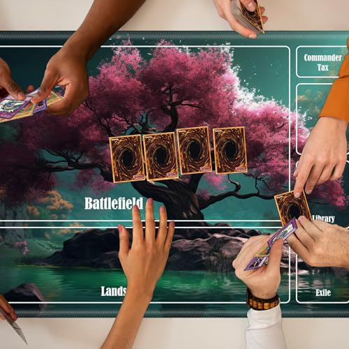 Board Game Mat TCG Playmat Plus 50 Pcs Card Sleeves, 24 x 14 inches Table Mats Games Mousepad with Zones Smooth Surface for MTG RPG CCG Trading Card Game Play Mats, Pink Cherry Trees - color: Pink Cherry Trees, size: Zone 1