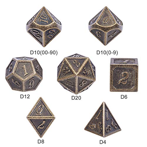 DnDnD Ancient Design Dice, 7PCS Brass DND Metal Dice with Metal Box for Table Games Dungeons and Dragons D&D - color: Ancient Brass
