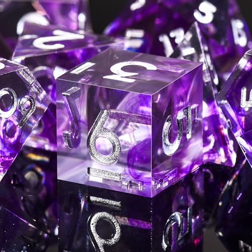 AUSTOR 7-Die DND Dice Set Handmade Sharp Edge Polyhedral Dice for Dungeons and Dragons D&D RPG MTG Table Games (Black & Violet, Silver) - color: Black & Violet，silver
