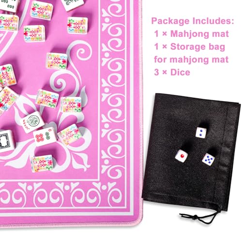 Mahjong Mat,Mahjong Table Mat with 3 Dice & Carrying Bag for Card, Board & Tile Games, Anti Slip and Noise Reduction Table Cover(Pink, 31.5 inches) - color: Pink
