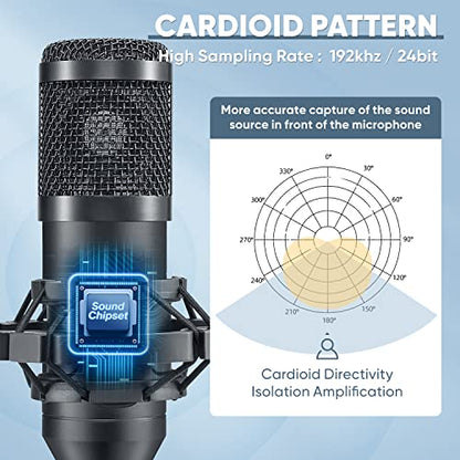 USB Microphone, Plug & Play 192kHz/24bit Cardioid Condenser Studio Mic Kit with Professional Sound Chipset Mount Pop Filte and Boom Arm for Recording, Gaming, Streaming, Skype, Podcast