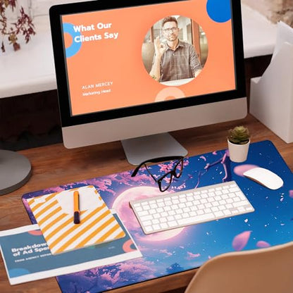 Large Gaming Mouse Pad for Desk, Falling Cherry Blossoms Desk Mat, Bright Full Moon Desk Pad, 31.5"x15.7" Extended Big Computer Keyboard Mouse Pad with Non-Slip Base and Stitched Edge - color: Falling Cherry Blossoms