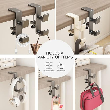 Desk Bag Hook, Purse Hook for Table, Aluminum Under Desk Handbag Hanger, Desk Mount Backpack Holder, Umbrellas, Headphone Holder, Back to School Essentials - Gray - color: Gray
