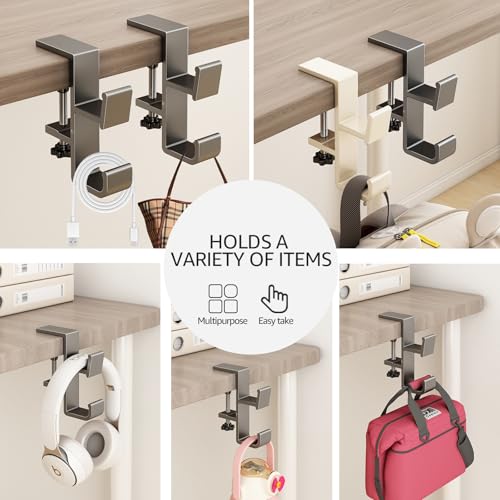 Desk Bag Hook, Purse Hook for Table, Aluminum Under Desk Handbag Hanger, Desk Mount Backpack Holder, Umbrellas, Headphone Holder, Back to School Essentials - Black - color: Black