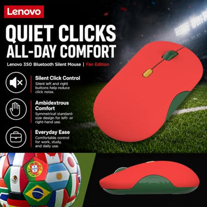 Lenovo 350 Bluetooth Silent Mouse (Fan Edition), Wireless Ergonomic Ambidextrous Design, Bluetooth 5.3, Adjustable DPI up to 2400, 36 Month Battery Life, Recycled Materials, Portugal Flag - color: Portugal Flag