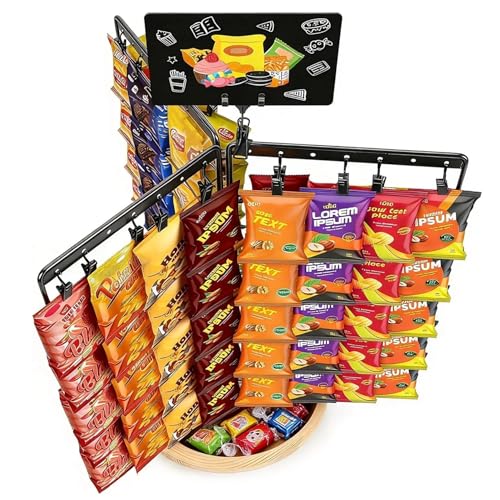 Chip Rack Display Stand, 6-Side 5-Tiers Chip Holder Display with 80 Adjustable Clips, Wooden Base Countertop Snack Organizer for Concession Stand, Parties - With Message Board & Pen - size: Fixed use