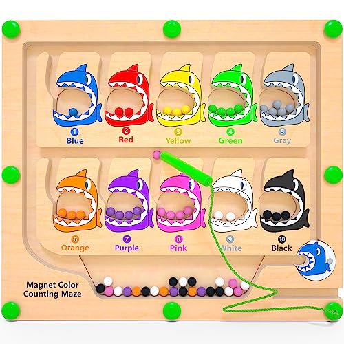 Magnetic Color & Number Maze, Montessori Counting Matching Toys, Wooden Magnetic Maze Board, Montessori Toy Fine Motor Skills Toys for 3 4 5 Years Old Preschool Learning Activities - style: Sharks