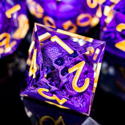 DND Skull Dice Set 7PCS Necromancer Polyhedral Dice for Dungeons Dragons RPG Role Playing Game, Resin Sharp Edged D and D Dice with Gift Box D6 D8 D10 D12 D20 (Purple) - color: Purple&gold