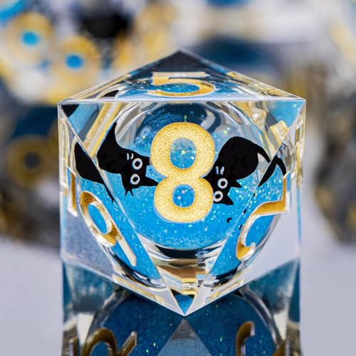 DND Cat Dice Set Blue Sharp Edge Dice with Box, RPG D and D Dice Dungeons Dragons Role Playing Game Polyhedral Resin Dice Set D20 D12 D10 D8 D6 D4 - color: Golden Blue
