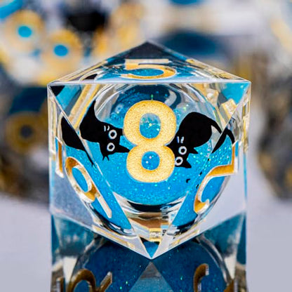 DND Cat Dice Set Blue Sharp Edge Dice with Box, RPG D and D Dice Dungeons Dragons Role Playing Game Polyhedral Resin Dice Set D20 D12 D10 D8 D6 D4 - color: Golden Blue