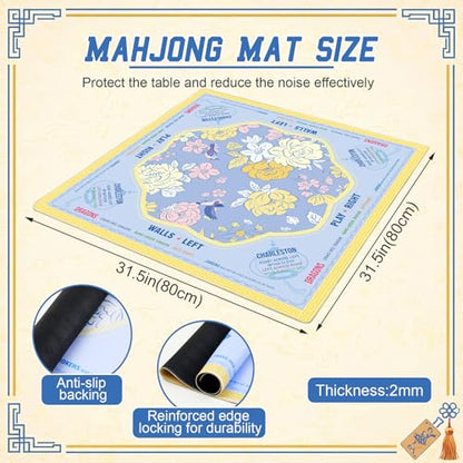 Soulchen Flower Blue and Yellow American Mahjong Mat for Table with Rules, No Creases, Ships Rolled, 31.5 x 31.5 Non-Slip Noise Reduction Gaming Mat with Carrying Bag for Poker Card Board - color: Blue and Yellow