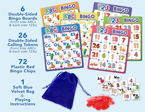 Party Hearty ABC & 123 Bingo Game for Kindergarten & Preschool - Foods | Food Edition, Alphabet and Number, Preschool Kids Learn to Read, Ages 4 and Up - color: Food Edition