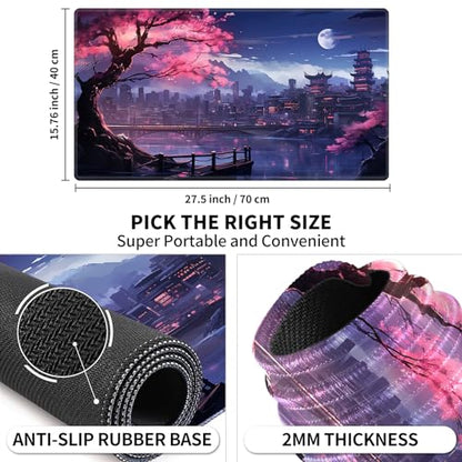 Card Playmat 70 x 40 cm Game Mats Tabletop Magic for MTG/TCG Cards, Trading Card Game Playing Stitched Commander Deck Gaming Desk Duel Mat Card Gameplay Mats, Cherry Flowers Moon Night - color: Cherry Flowers Moon Night, size: 27.5"X15.7"