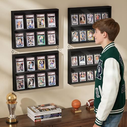 Emfogo Card Display Case, 2 Pack Trading Card Display with Clear View, Wooden Graded Sports Card Display Case Wall Mounted, Baseball Card Display Frame for Trading Card Collection (2 Pack-Black) - size: 2-Layer 2 Pack