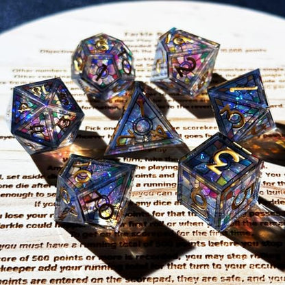 HAOMEJA Double Layered Resin Dice Set 7pcs/ Stained Glass Effect & Gold Numbers/Sharp Edged Polyhedral Dice/Apply to D&D/DND/Role Playing Game/RPG/Party Gift (Black Sky) - color: 1 Black Sky
