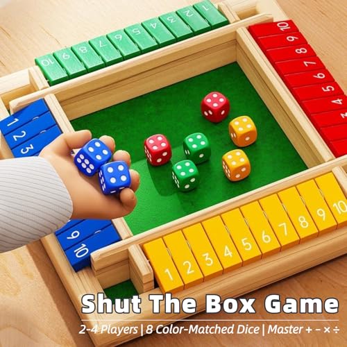 Shut The Box Game Wooden, 2-4 Player Close The Box Dice Game with 8 Colorful Dice, Wooden Math Board Games for Kids Adults Family, Portable Wood Shut The Board Game Box for Party Travel(8.7" x 8.7")