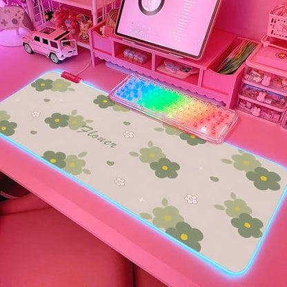 JMIYAV Pink RGB Gaming Mouse Pad 31.5x12 Inch PC XL Large Extended Glowing Led Light Up Desk Pad Non-Slip Rubber Base Computer Cute Mousepad Mat Desk Accessories Gaming Setup Bloom Flower - color: Bloom Flower