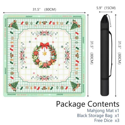 Green Christmas Mahjong Mat for Table, 31.5 * 31.5in Anti Slip Mahjong Table Cover, Noise Reduction, Neoprene Mah jongg Mat with Carrying Bag & 3 Dices, Snowflake Holiday Poker Board Tile Games Mats - color: Christmas01