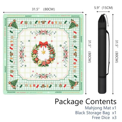 Green Christmas Mahjong Mat for Table, 31.5 * 31.5in Anti Slip Mahjong Table Cover, Noise Reduction, Neoprene Mah jongg Mat with Carrying Bag & 3 Dices, Snowflake Holiday Poker Board Tile Games Mats - color: Christmas01