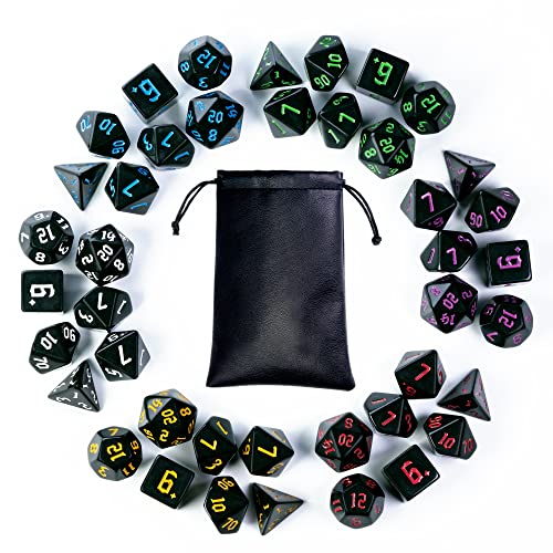 6 Sets DND Dice, Polyhedral Dice Set (42pcs) with Leather Dice Bag, D&D Dice Set for Dungeons and Dragons, RPG Table Games (Sickle Font Black Series) - color: 6 Sets All in Black