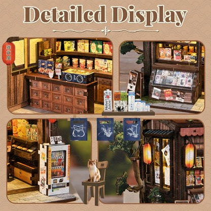Book Nook Kit DIY Miniature Dollhouse, Japanese Grocery Store Style | 3D Wooden Puzzle, Bookend Decor, LED Light, Birthday Christmas Gift - style: Kasuga